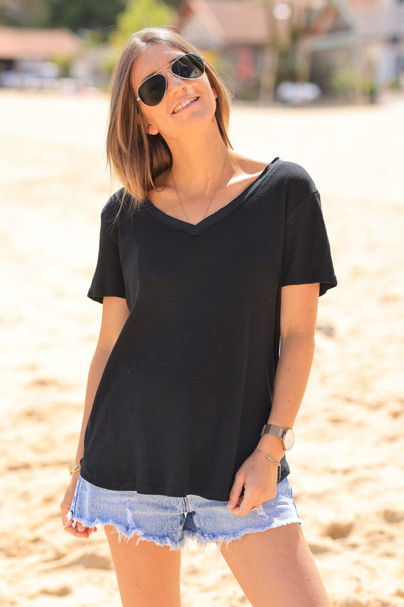 T-shirt noir coton stretch côtelé ILY to the moon and back