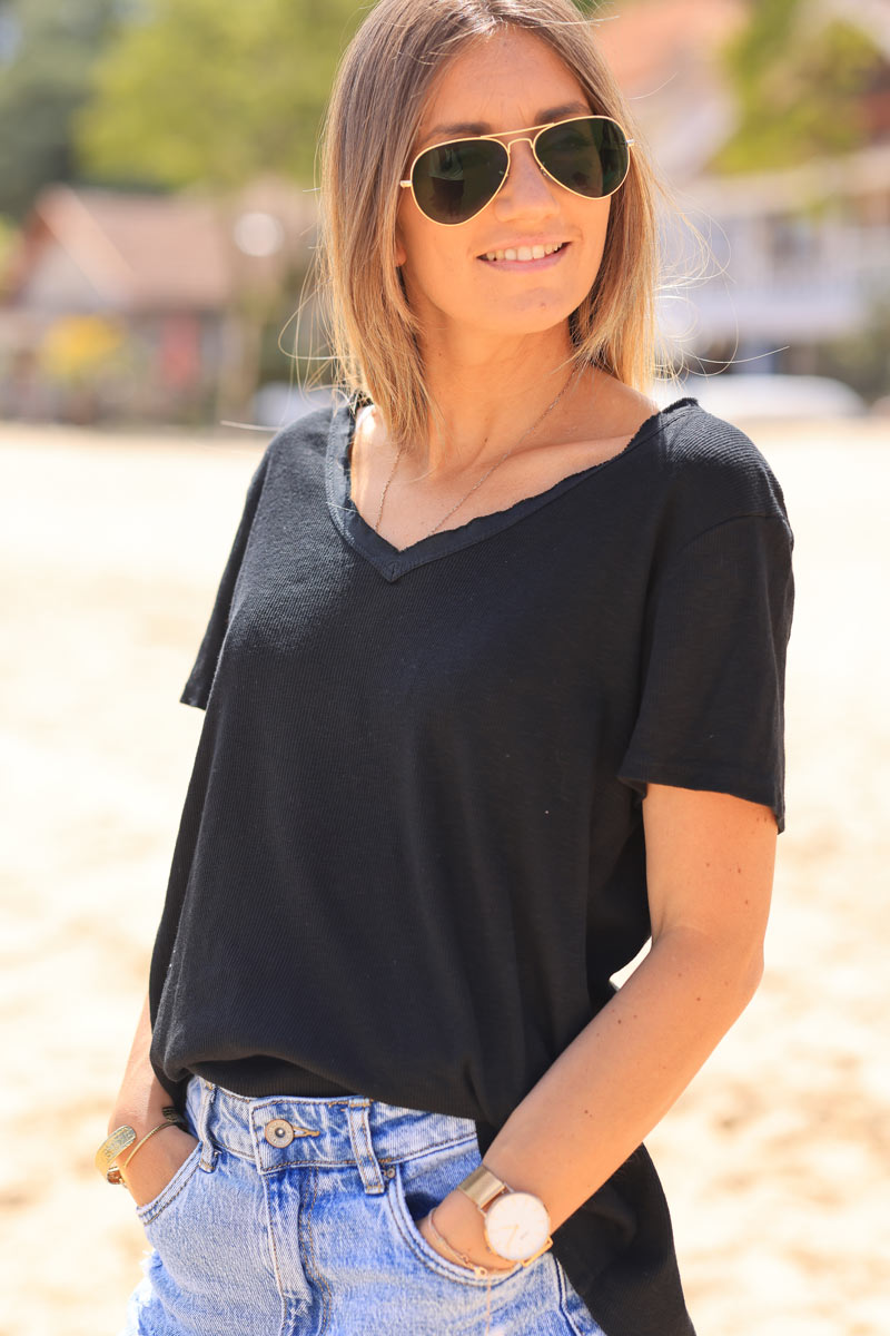 T-shirt noir coton stretch côtelé ILY to the moon and back