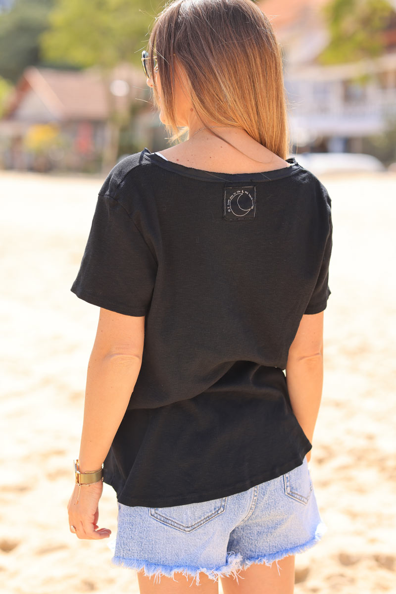 T-shirt noir coton stretch côtelé ILY to the moon and back