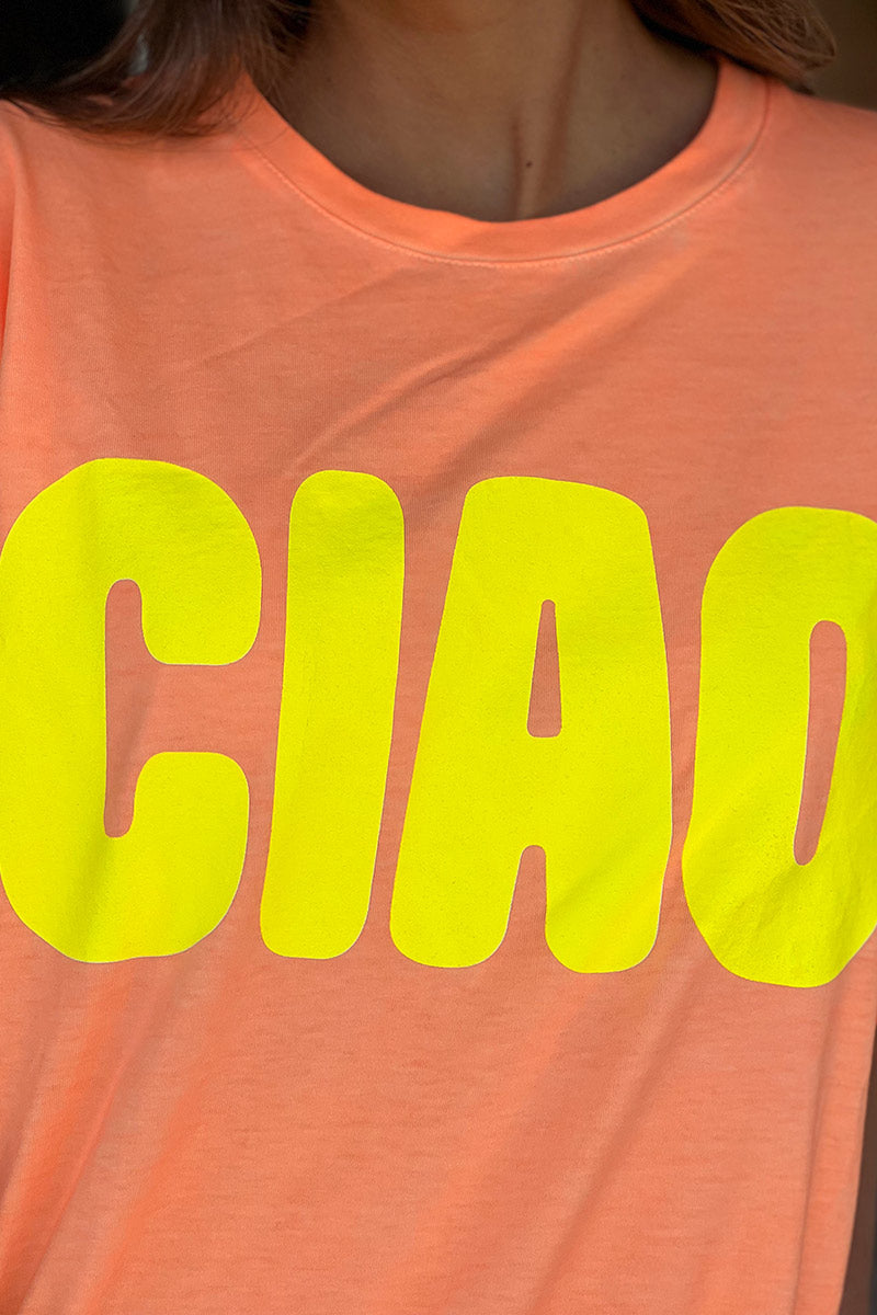T-shirt orange flash en coton inscription CIAO jaune