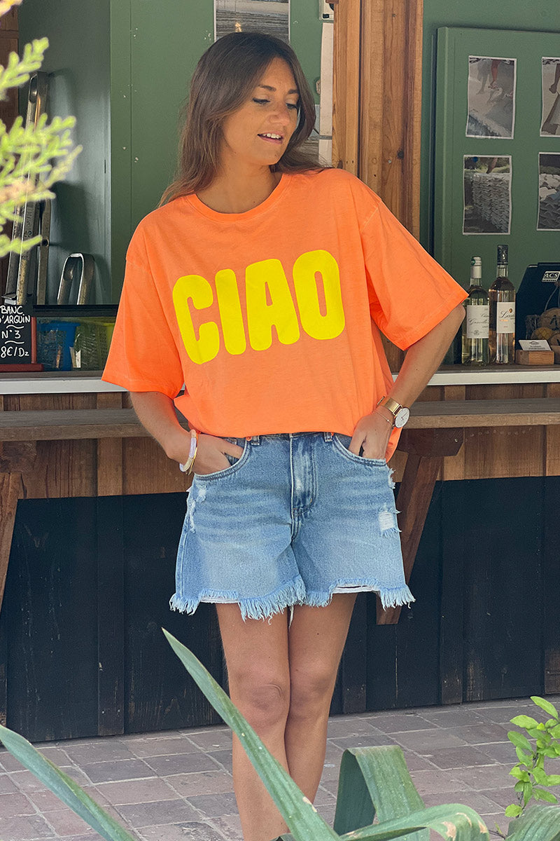 T-shirt orange flash en coton inscription CIAO jaune