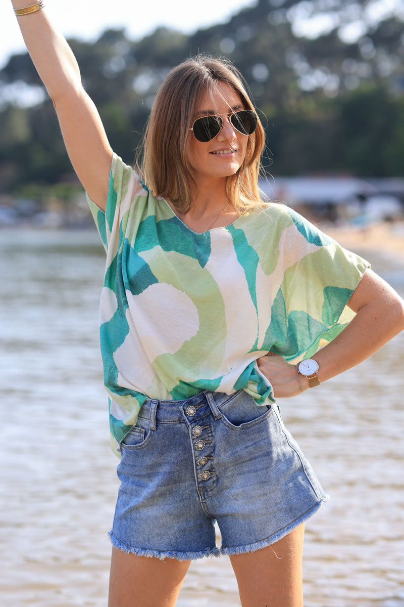Fine knit t-shirt with abstract green print