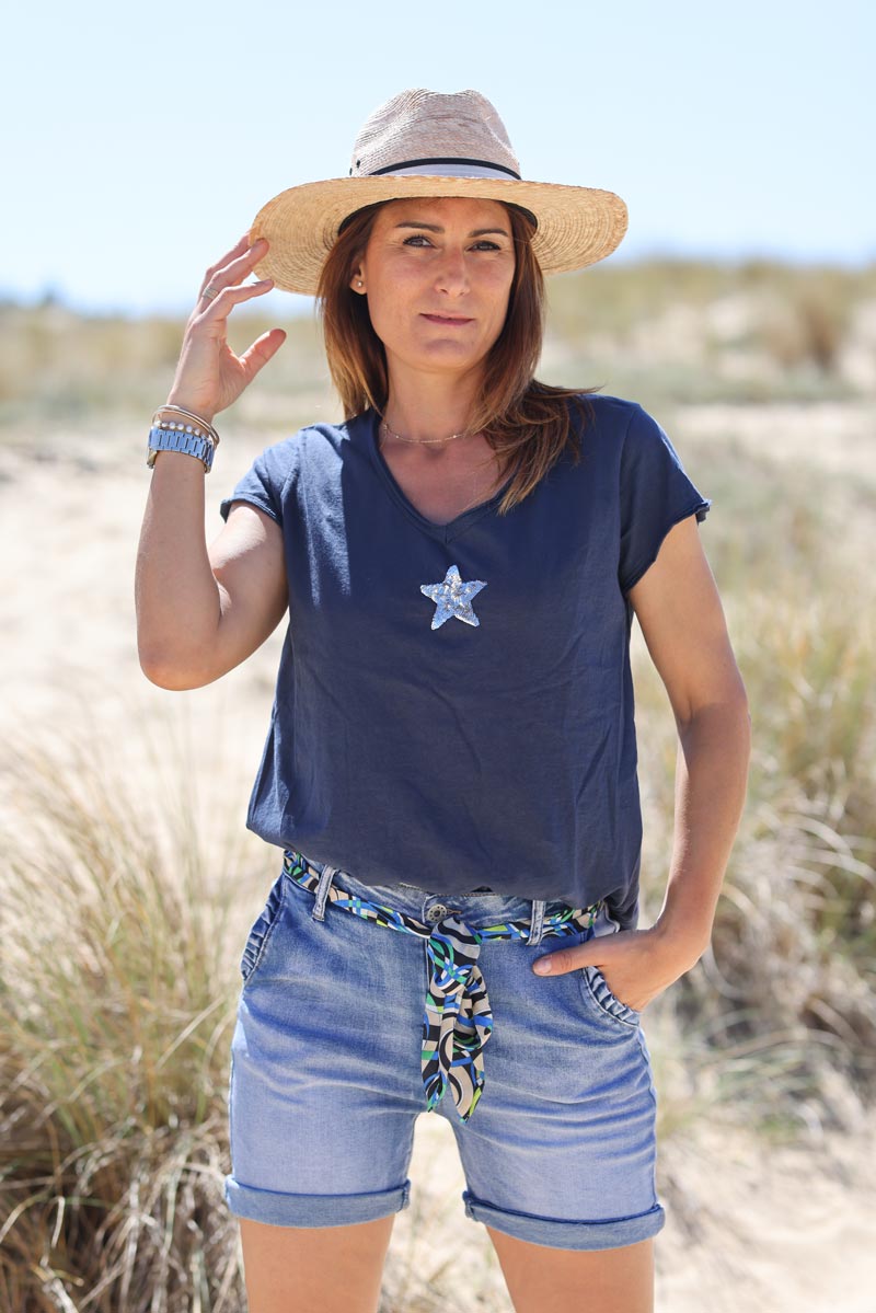 Navy blue cotton T-shirt with sequin star