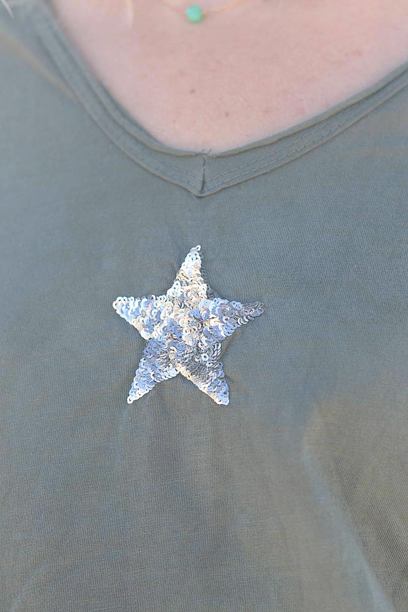 Khaki cotton T-shirt with sequin star
