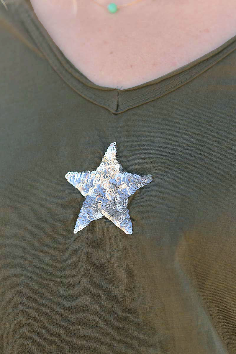 Khaki cotton T-shirt with sequin star