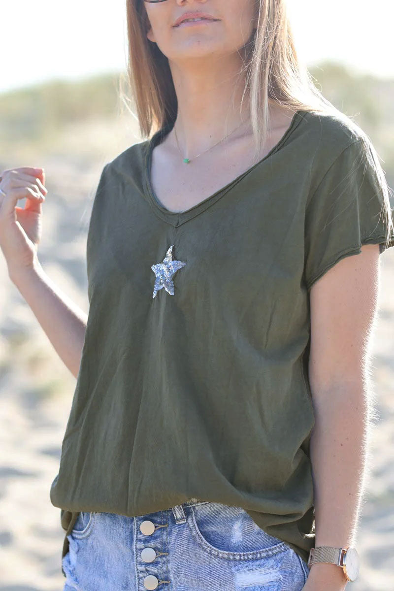 Khaki cotton T-shirt with sequin star