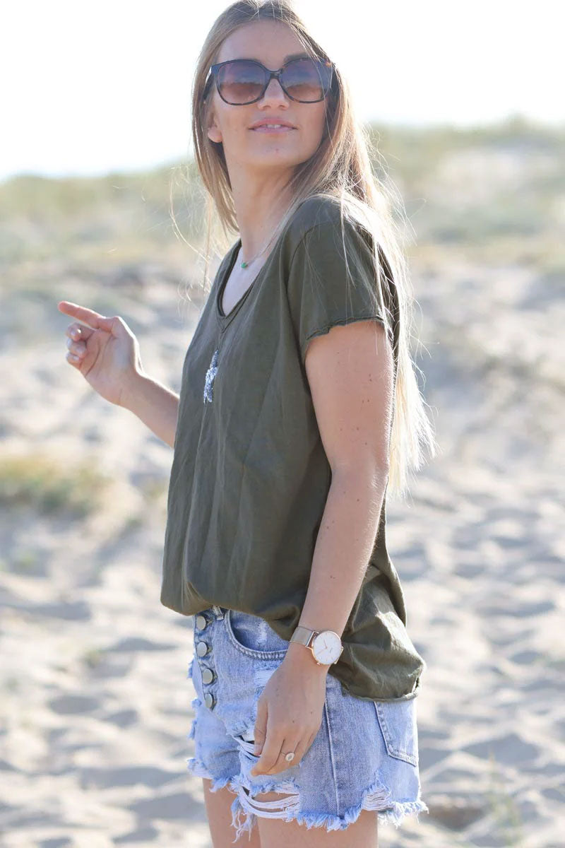 Khaki cotton T-shirt with sequin star