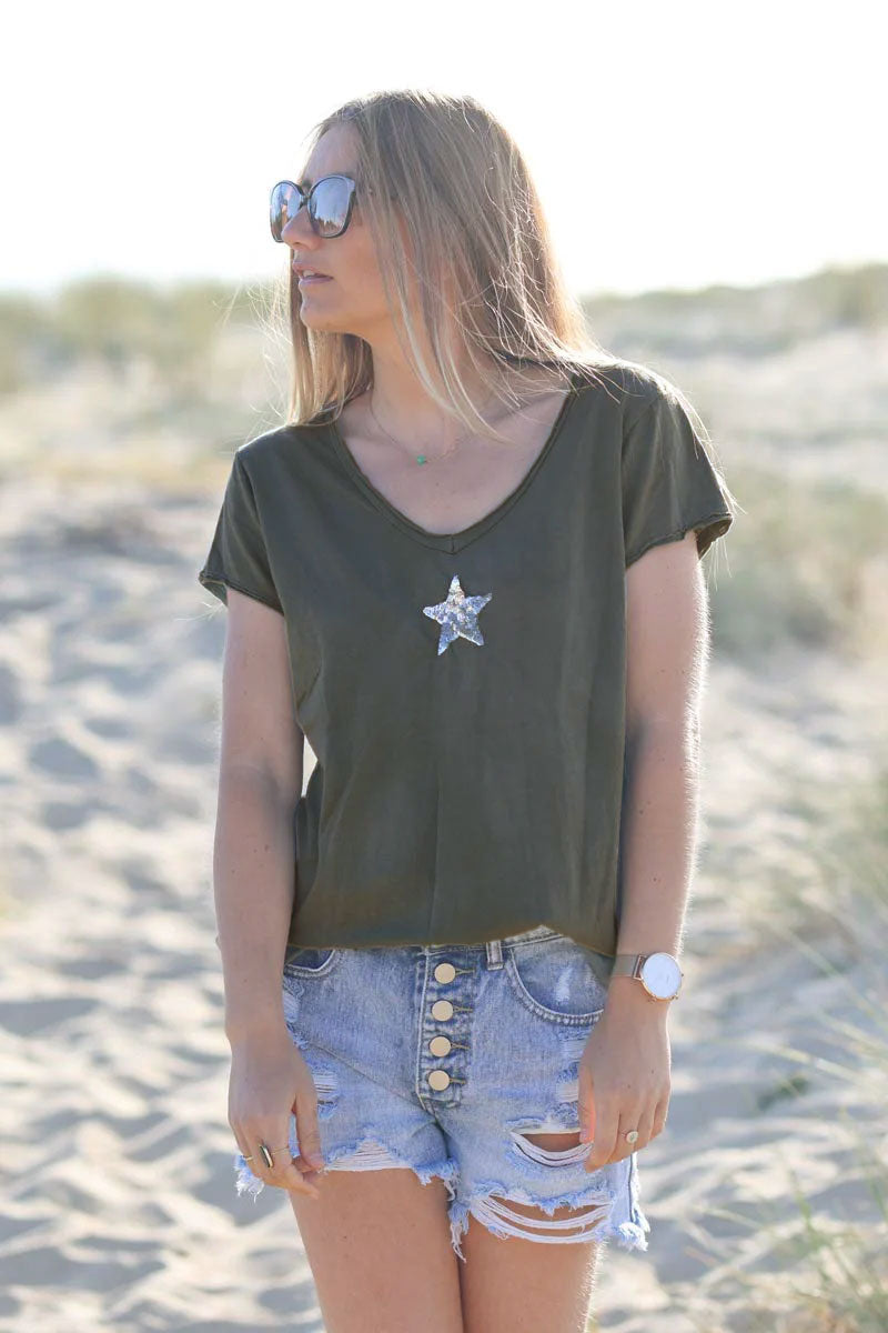 Khaki cotton T-shirt with sequin star