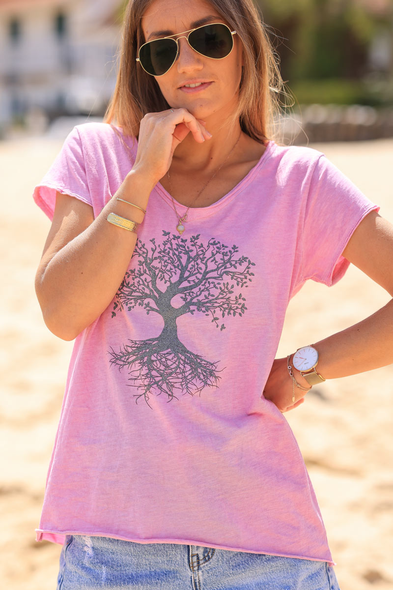 Pink v-neck t-shirt with a glitter tree of life design