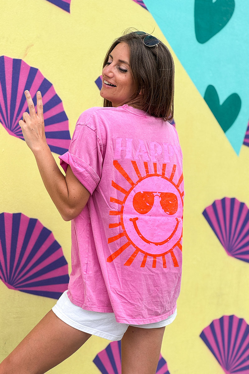 T-shirt rose délavé en coton imprimé Smiley Soleil Happy au dos