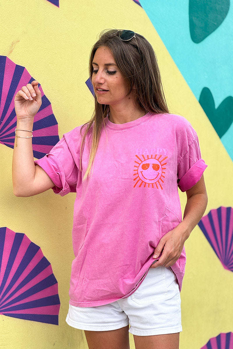 T-shirt rose délavé en coton imprimé Smiley Soleil Happy au dos