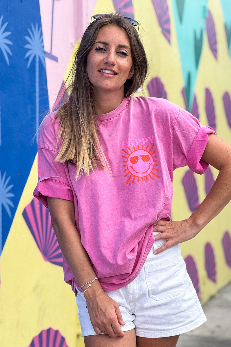 T-shirt rose délavé en coton imprimé Smiley Soleil Happy au dos