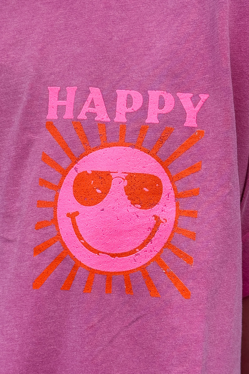 T-shirt rose délavé en coton imprimé Smiley Soleil Happy au dos