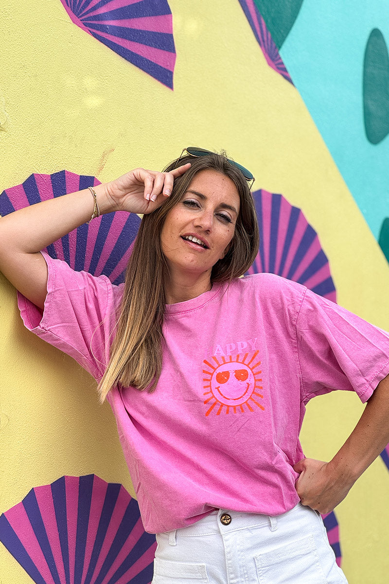 T-shirt rose délavé en coton imprimé Smiley Soleil Happy au dos