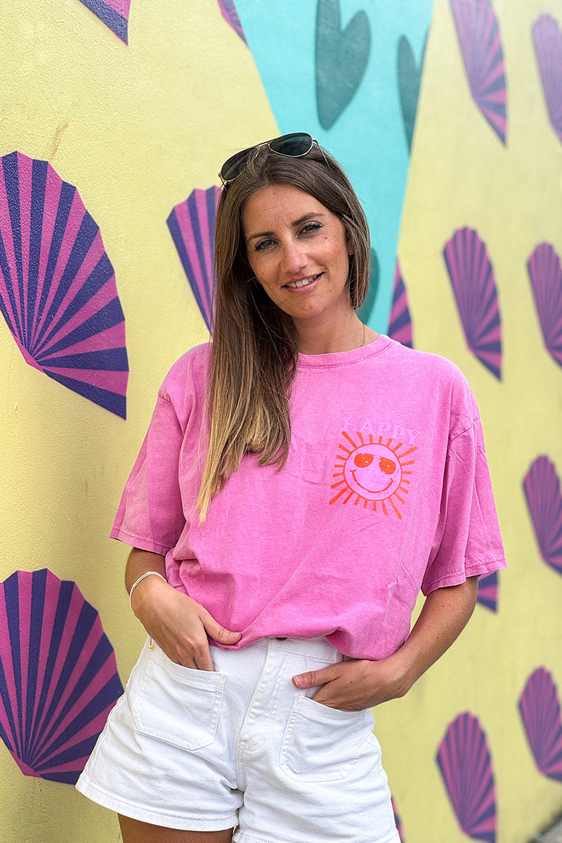 T-shirt rose délavé en coton imprimé Smiley Soleil Happy au dos