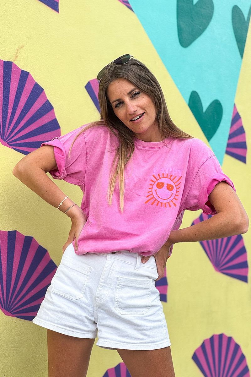 T-shirt rose délavé en coton imprimé Smiley Soleil Happy au dos