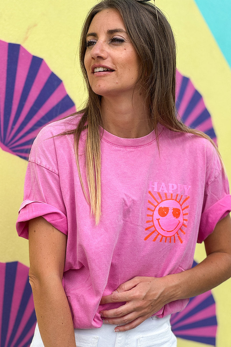 T-shirt rose délavé en coton imprimé Smiley Soleil Happy au dos