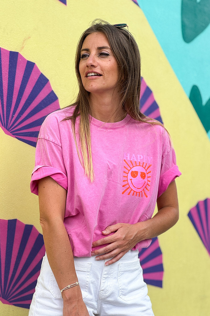 T-shirt rose délavé en coton imprimé Smiley Soleil Happy au dos