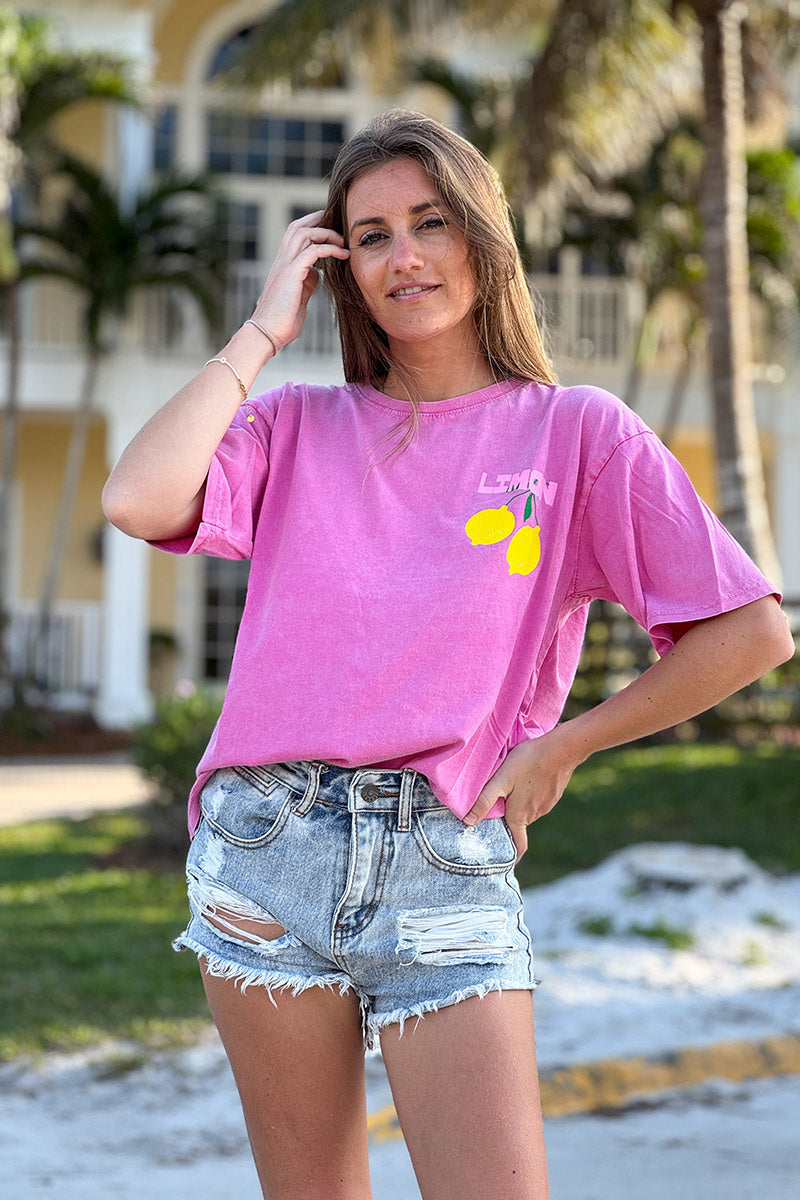 T-shirt rose délavé en coton imprimé citrons Limoncello coloré col rond