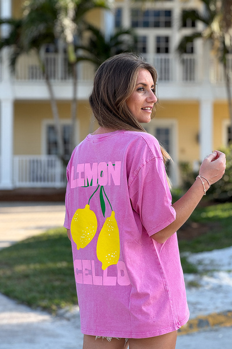 T-shirt rose délavé en coton imprimé citrons Limoncello coloré col rond