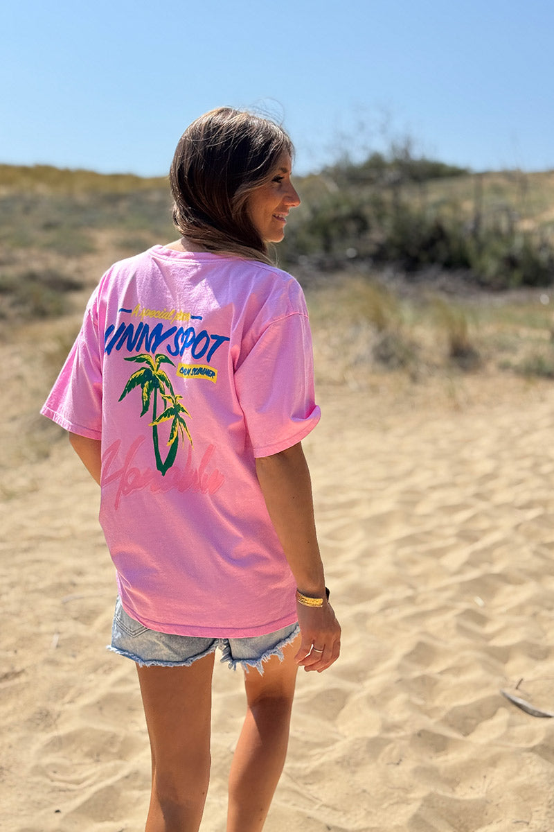 Tshirt rose en coton Honolulu palmier col rond