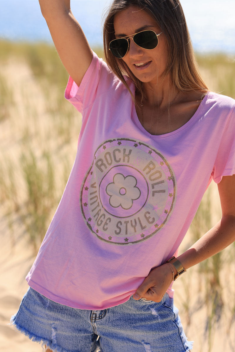 Pink V-neck cotton t-shirt with rock & roll and daisy logo