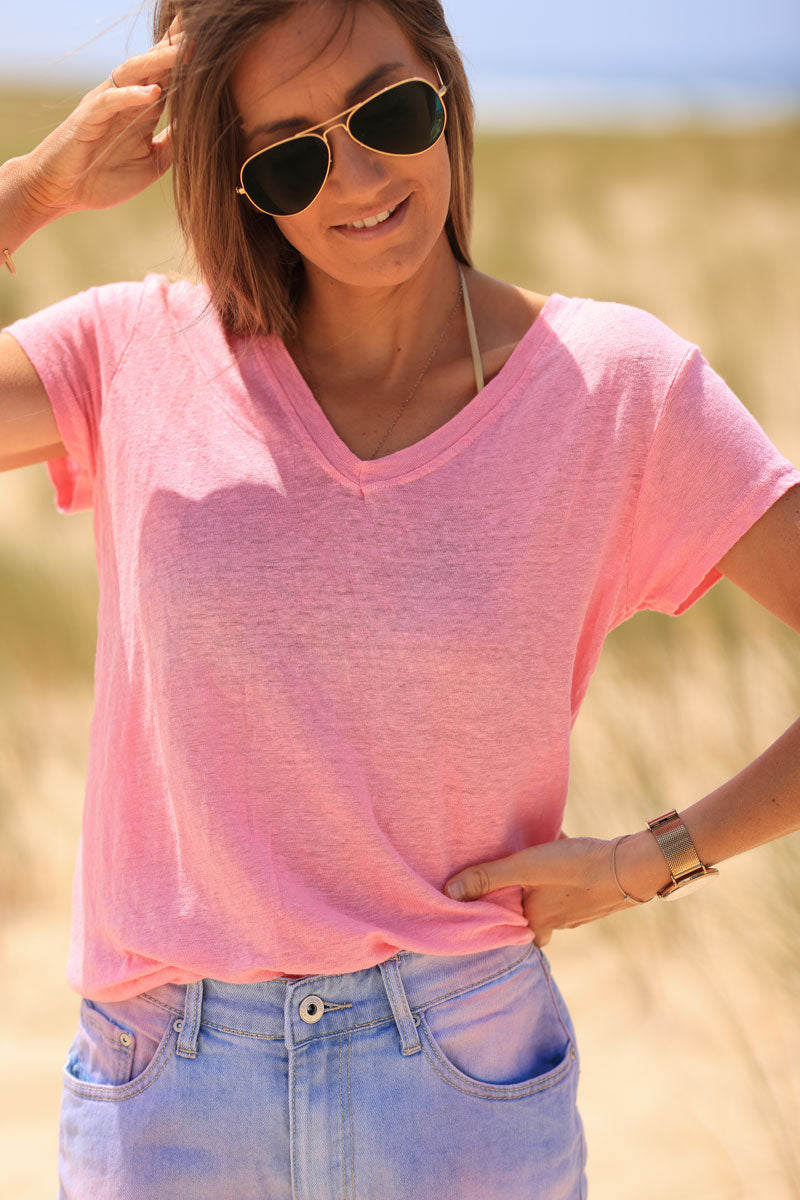Camiseta rosa lino suave cuello pico