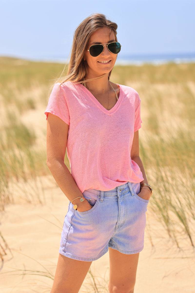  Pink linen v-neck t-shirt