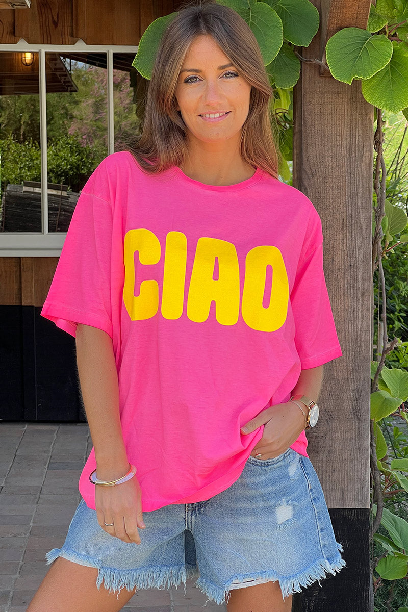 T-shirt rose flash en coton inscription CIAO jaune