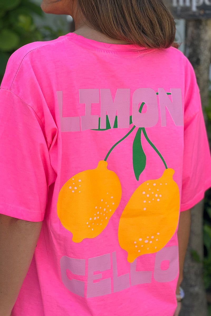 T-shirt rose fluo délavé en coton Limoncello et citrons devant et dos