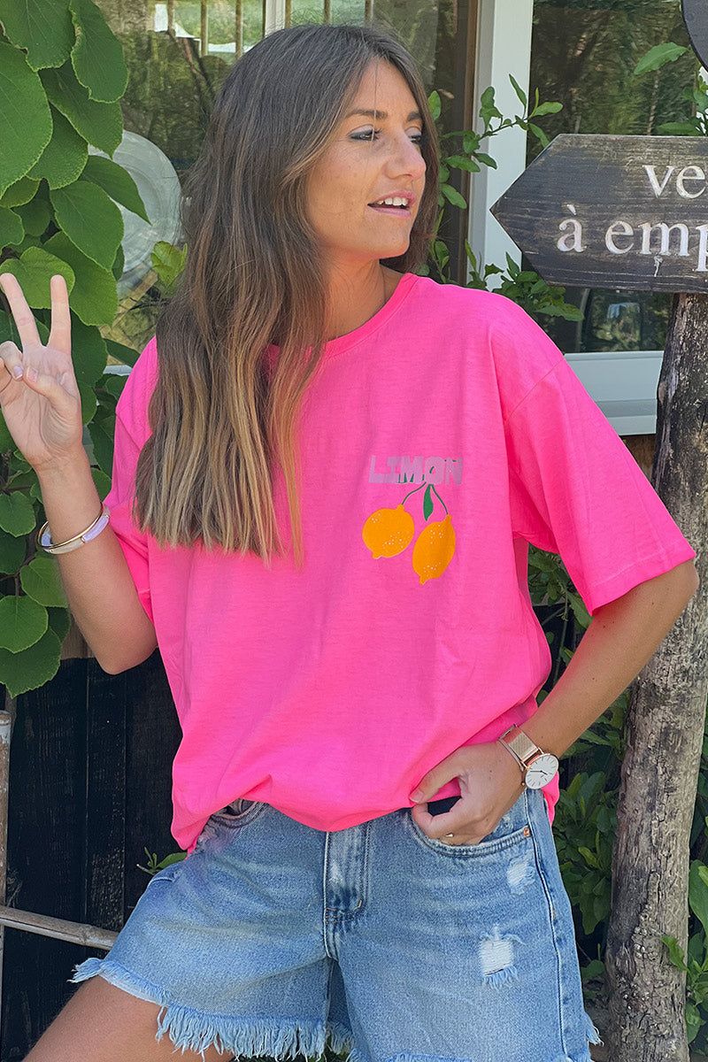 T-shirt rose fluo délavé en coton Limoncello et citrons devant et dos