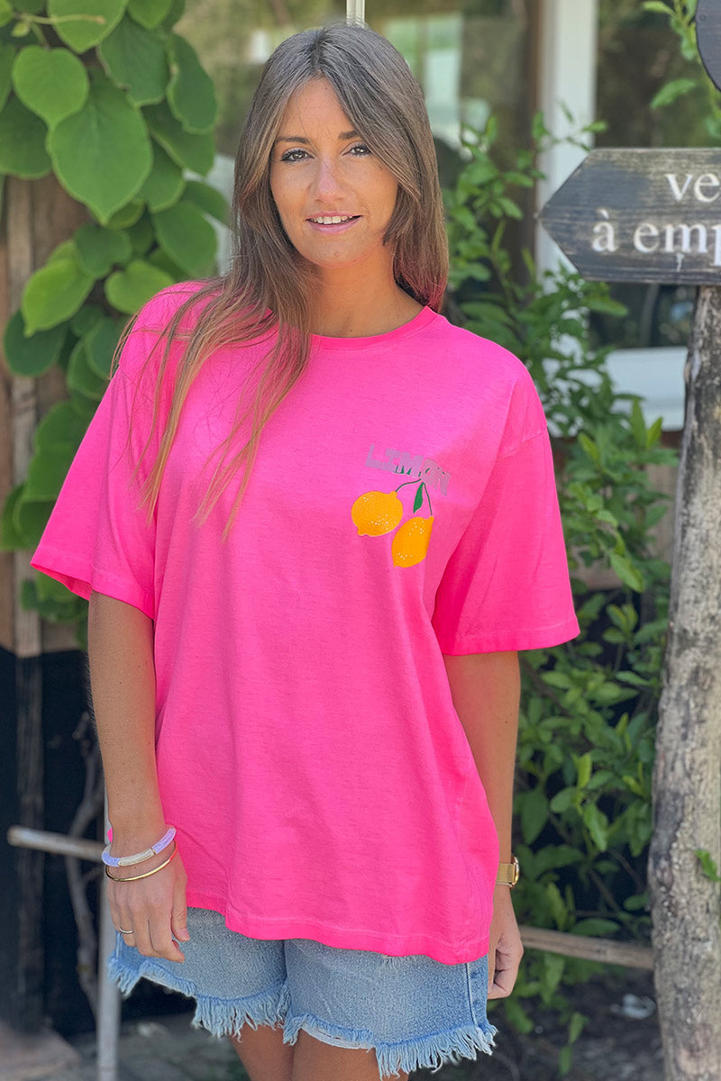 T-shirt rose fluo délavé en coton Limoncello et citrons devant et dos