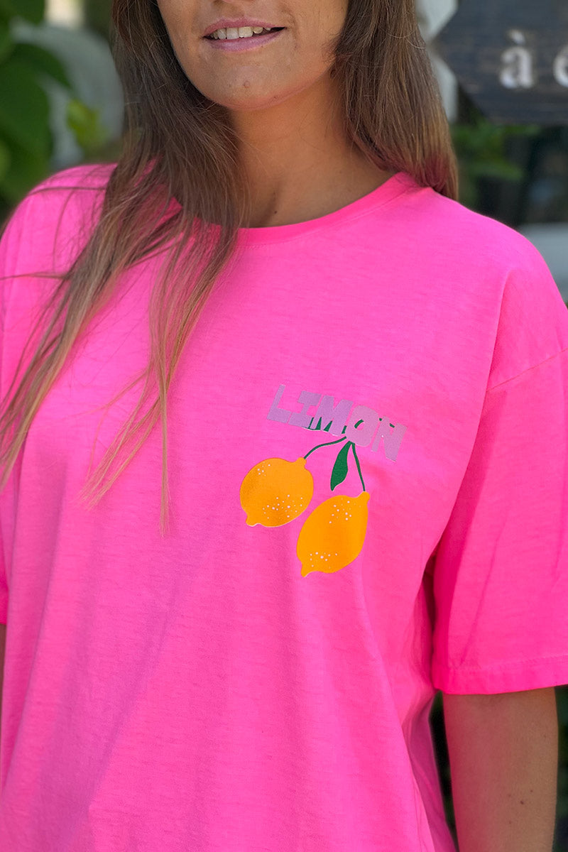T-shirt rose fluo délavé en coton Limoncello et citrons devant et dos