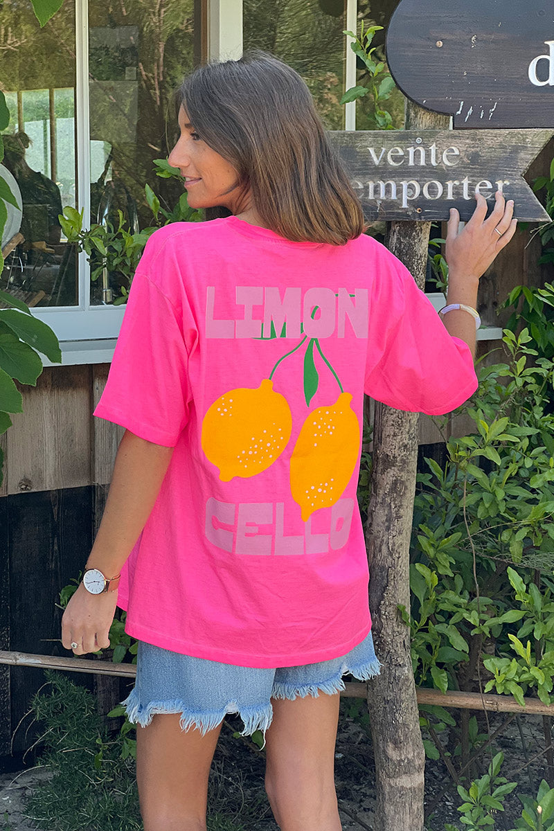 T-shirt rose fluo délavé en coton Limoncello et citrons devant et dos