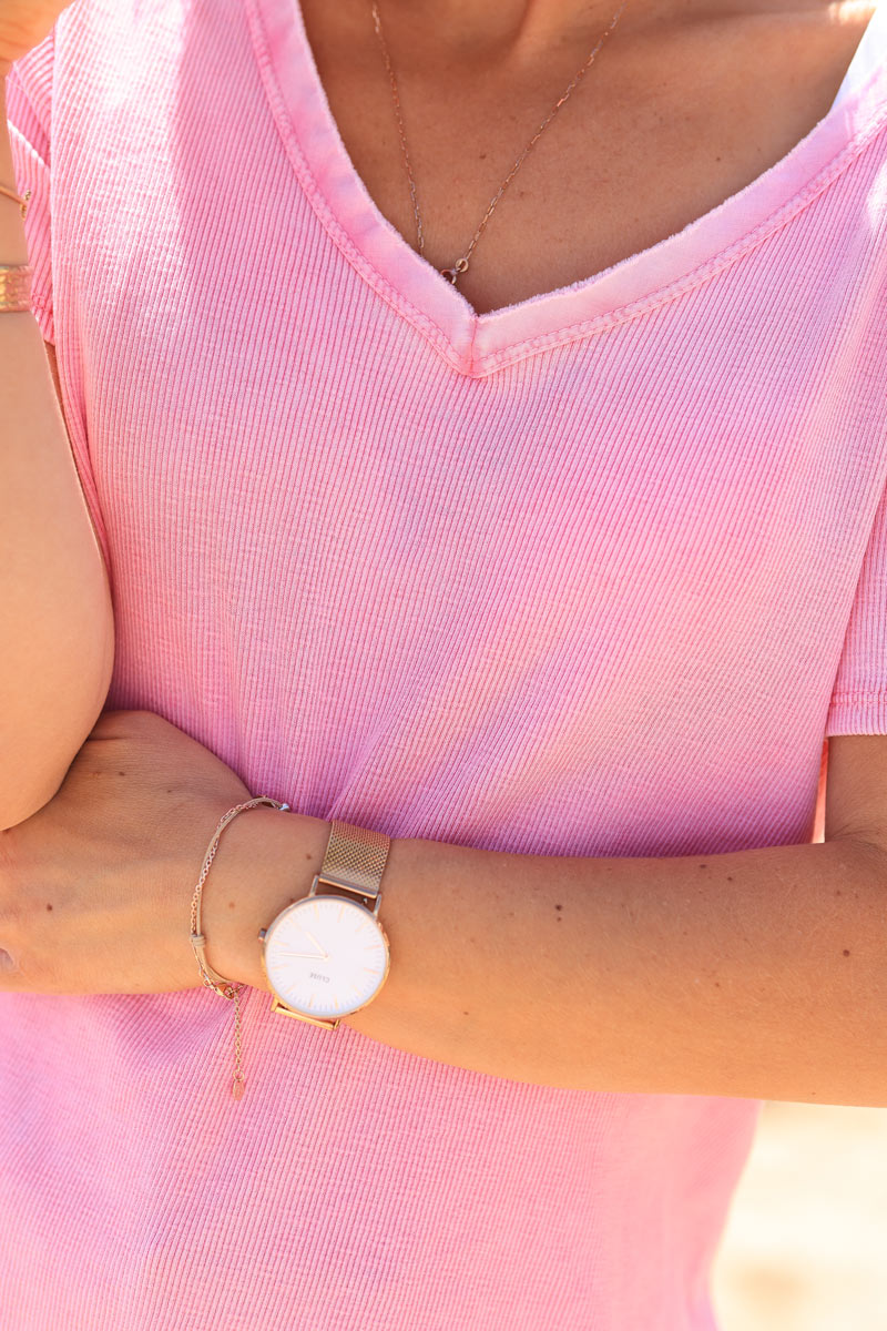 Camiseta de canalé de algodón elástico rosa fucsia ILY a la luna y a la espalda