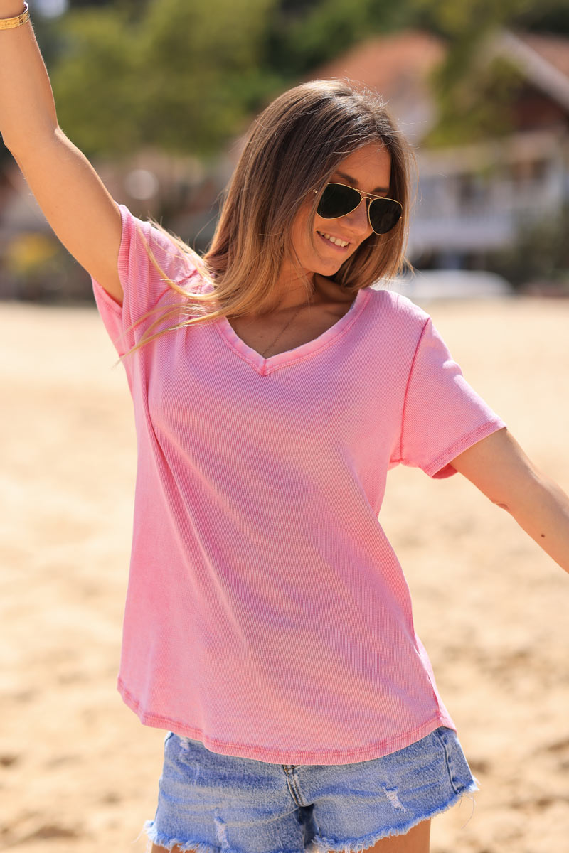 T-shirt rose fuchsia coton stretch côtelé ILY to the moon and back