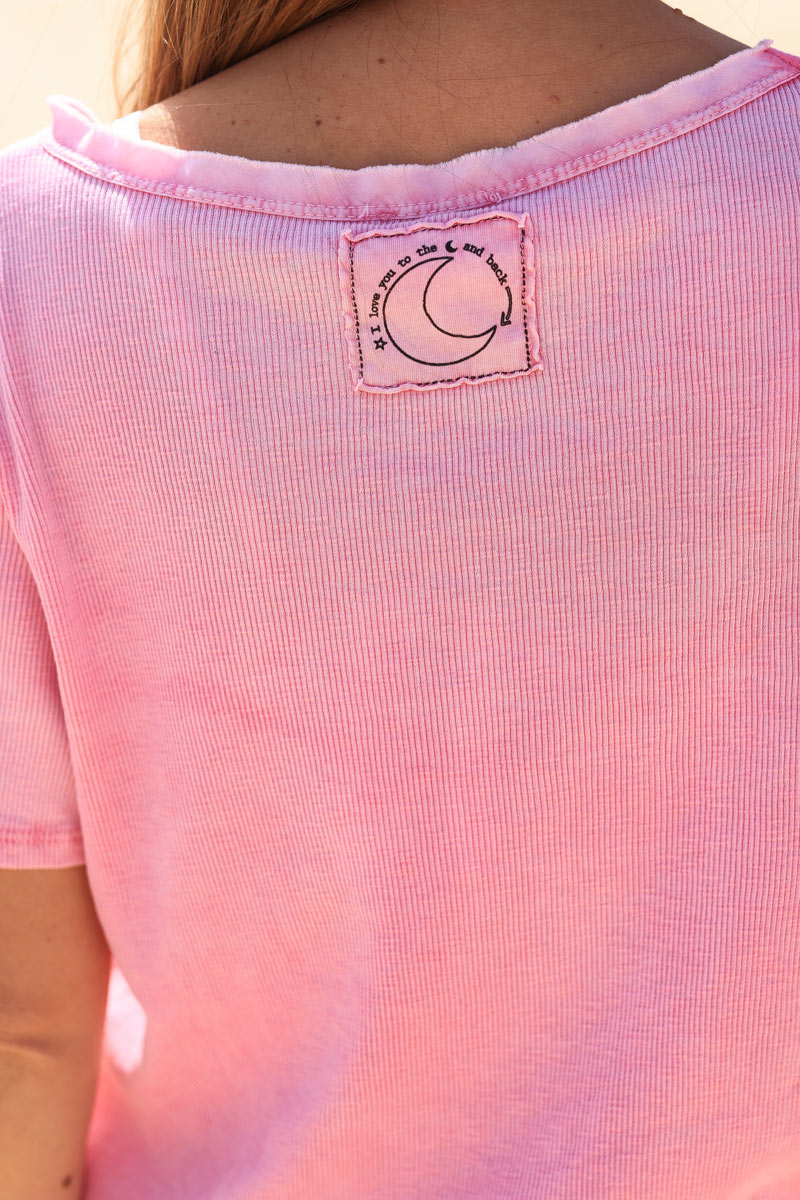 Camiseta de canalé de algodón elástico rosa fucsia ILY a la luna y a la espalda