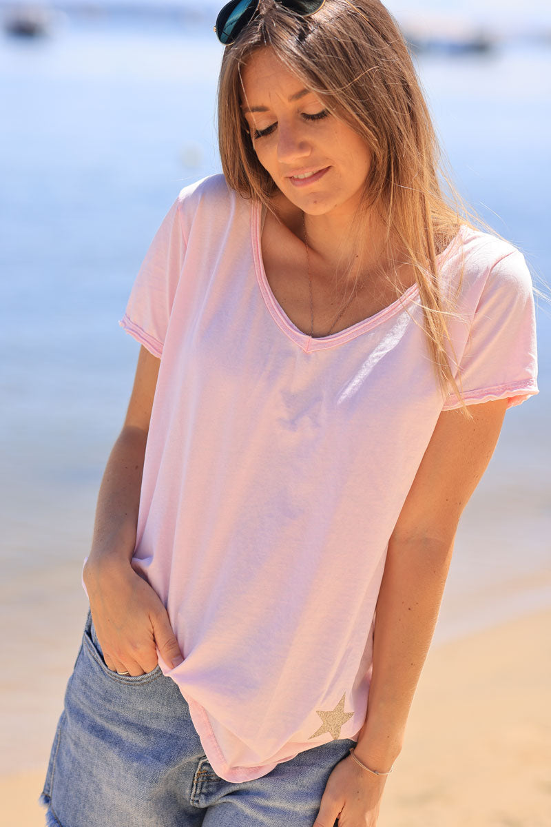 Soft pink cotton t-shirt with glitter star detail