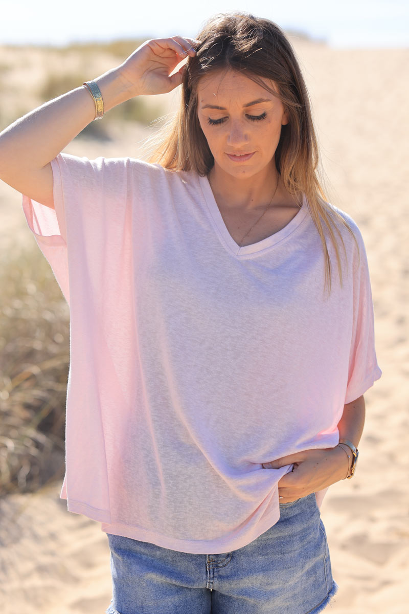 Camiseta rosa pálido suave, ancha y holgada, mangas cortas de murciélago