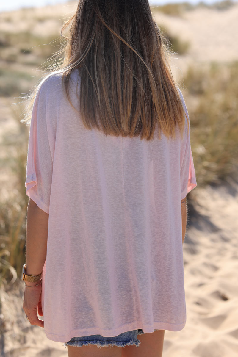 Camiseta rosa pálido suave, ancha y holgada, mangas cortas de murciélago