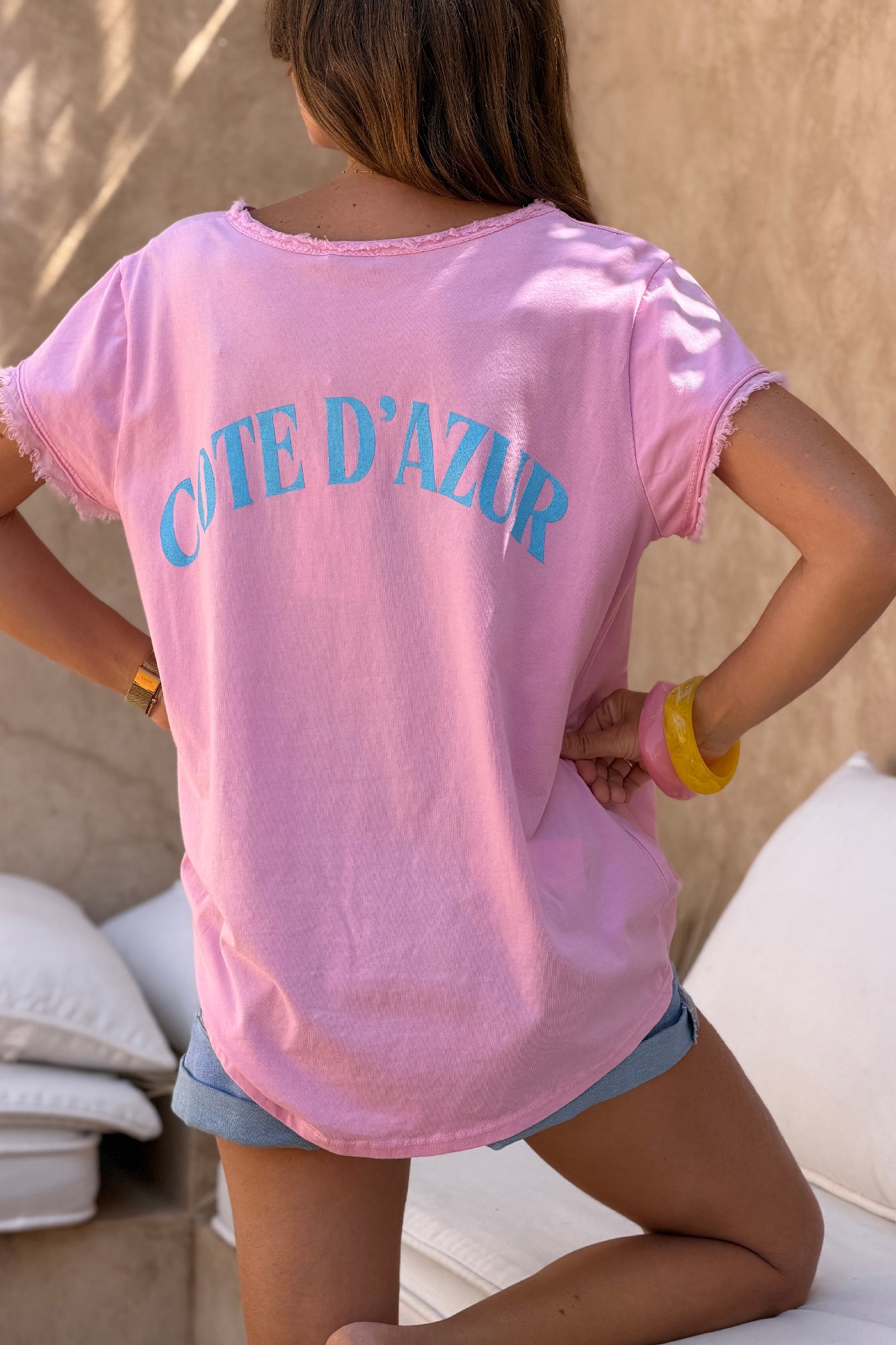 Tshirt rose stretch et large vague et Cote d'Azur détail franges