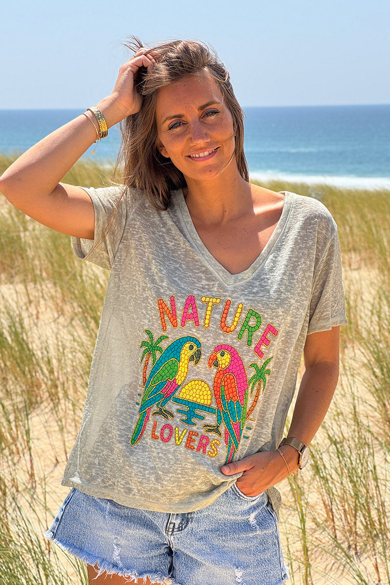 Olive Nature Lovers Parrot Print Slub Knit Tee