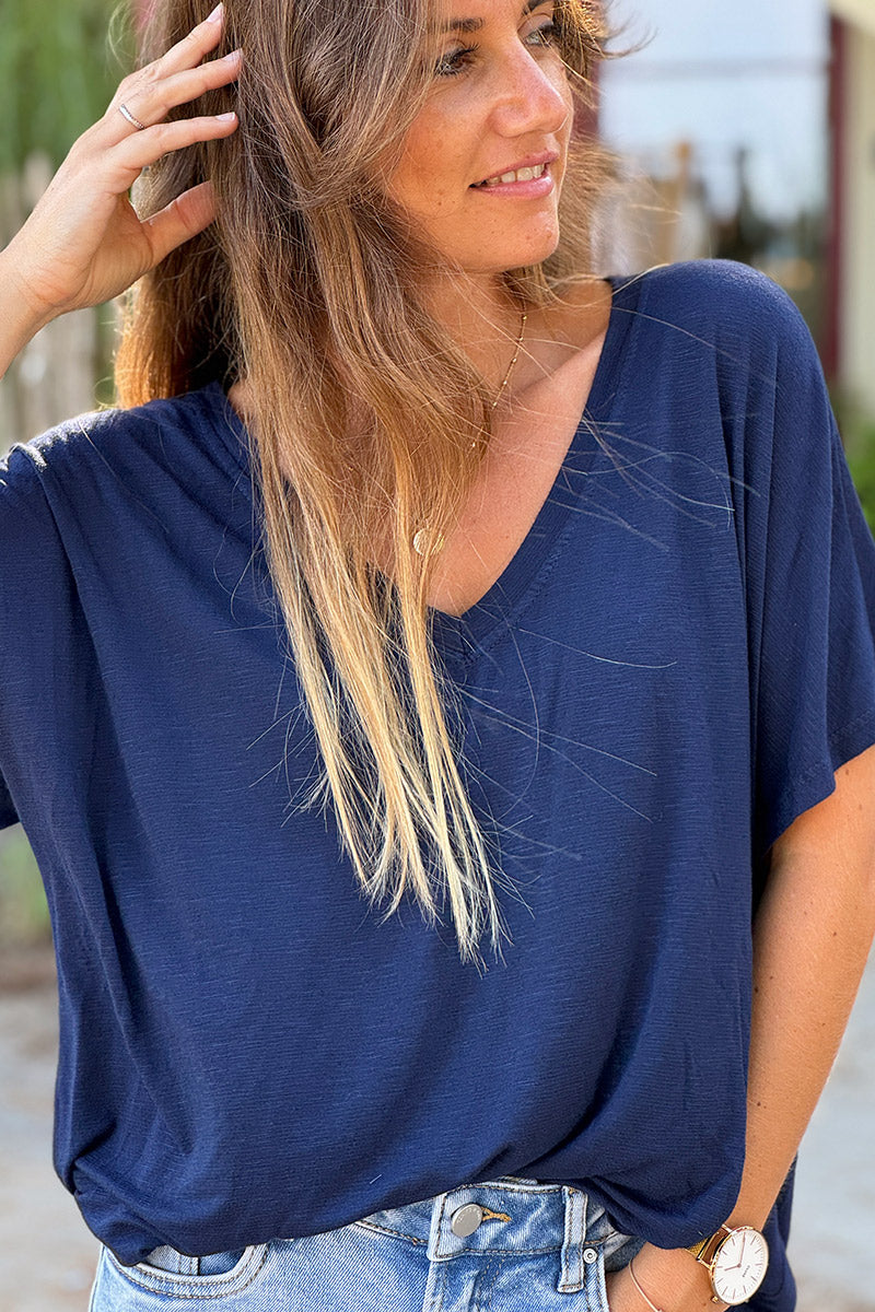 Navy Blue Slouchy Slub Knit V-Neck Tee