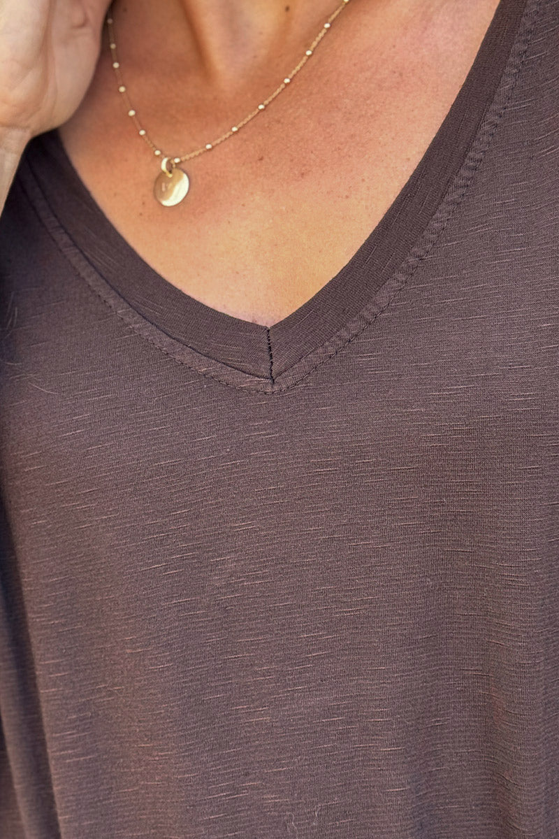 Brown Slouchy Slub Knit V-Neck Tee