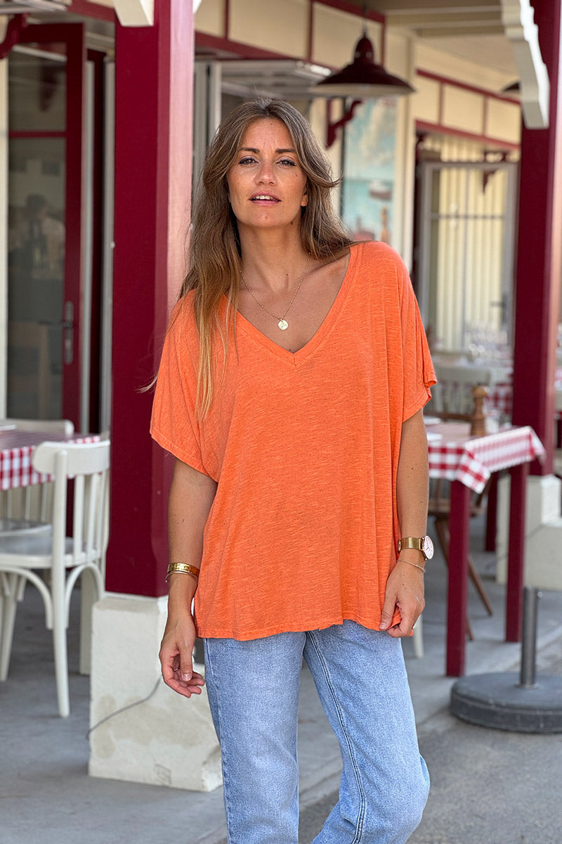 Orange Slouchy Slub Knit V-Neck Tee