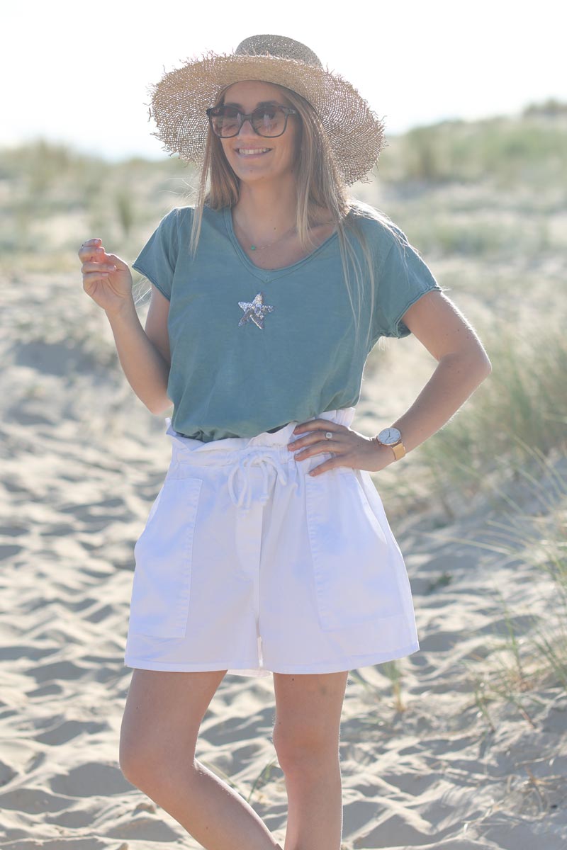 Celadon green cotton T-shirt with sequin star