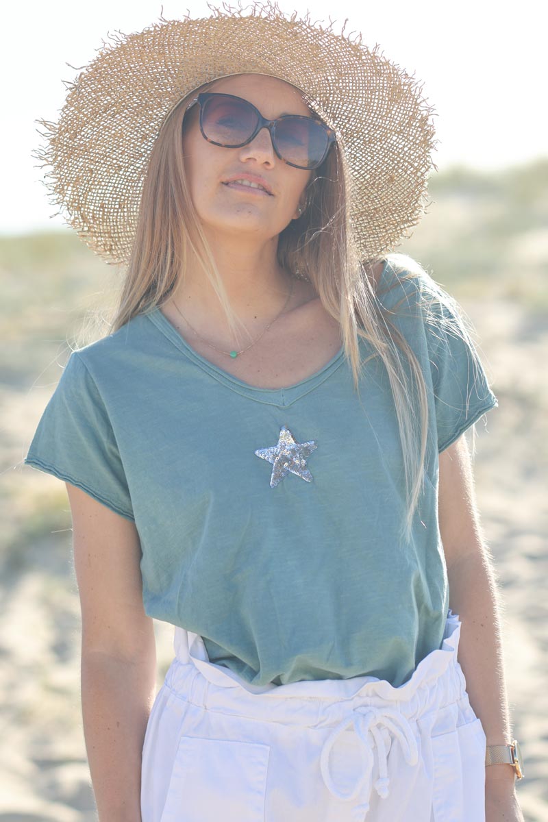 Celadon green cotton T-shirt with sequin star