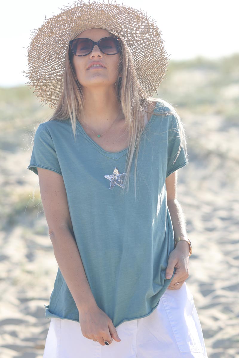 Celadon green cotton T-shirt with sequin star