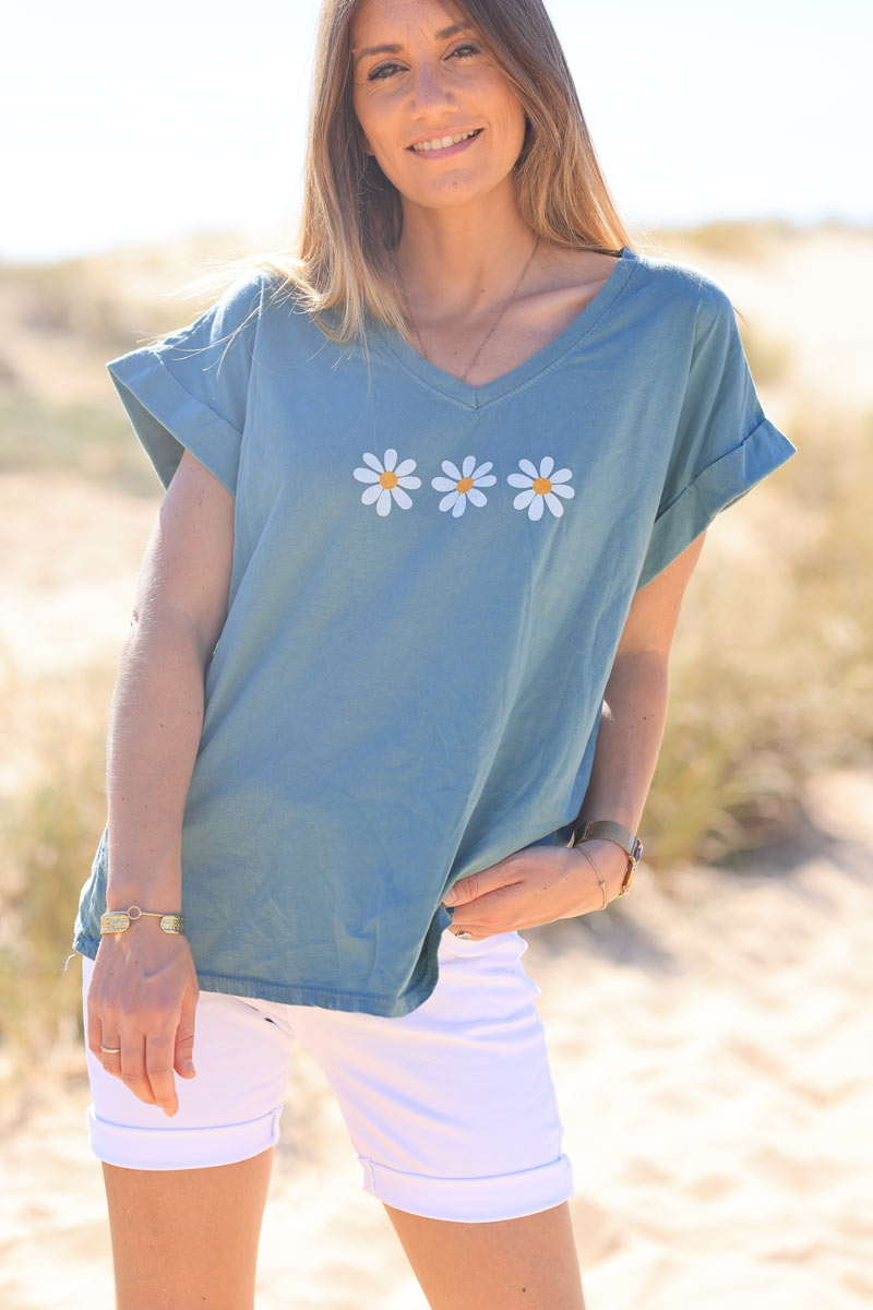Celadon green cotton short sleeve T-shirt with daisy trio