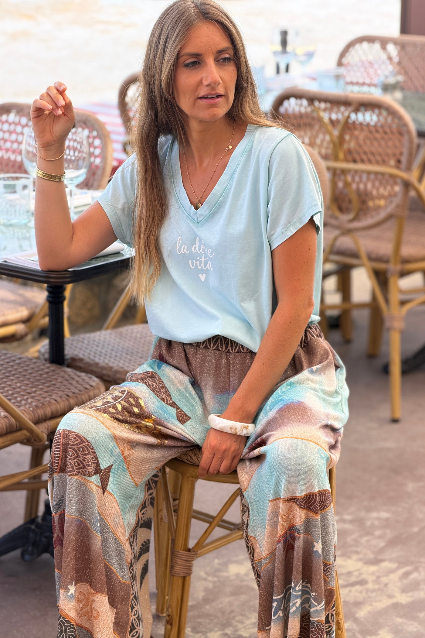 Tshirt vert d'eau en coton Dolce Vita col v